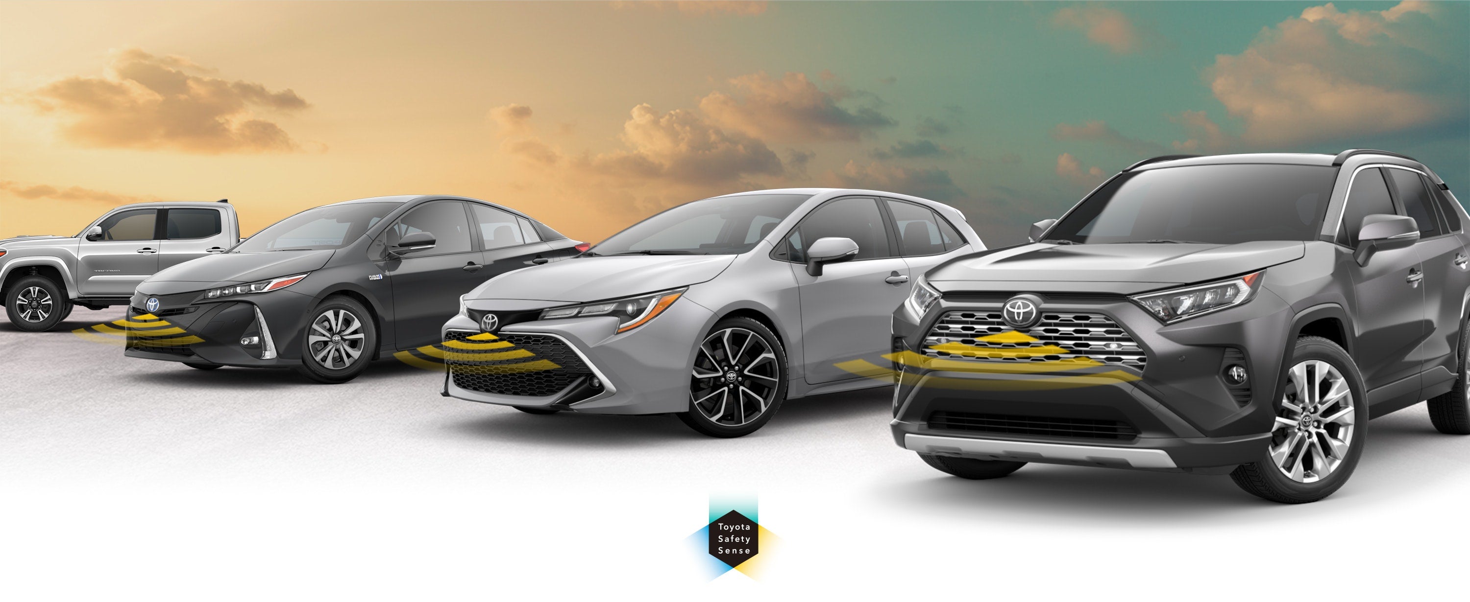 Toyota Safety Sense: Designed for Safety. Options shown on Toyota models including RAV4, Tacoma, and Camry, available now at Pueblo Toyota in Pueblo CO.